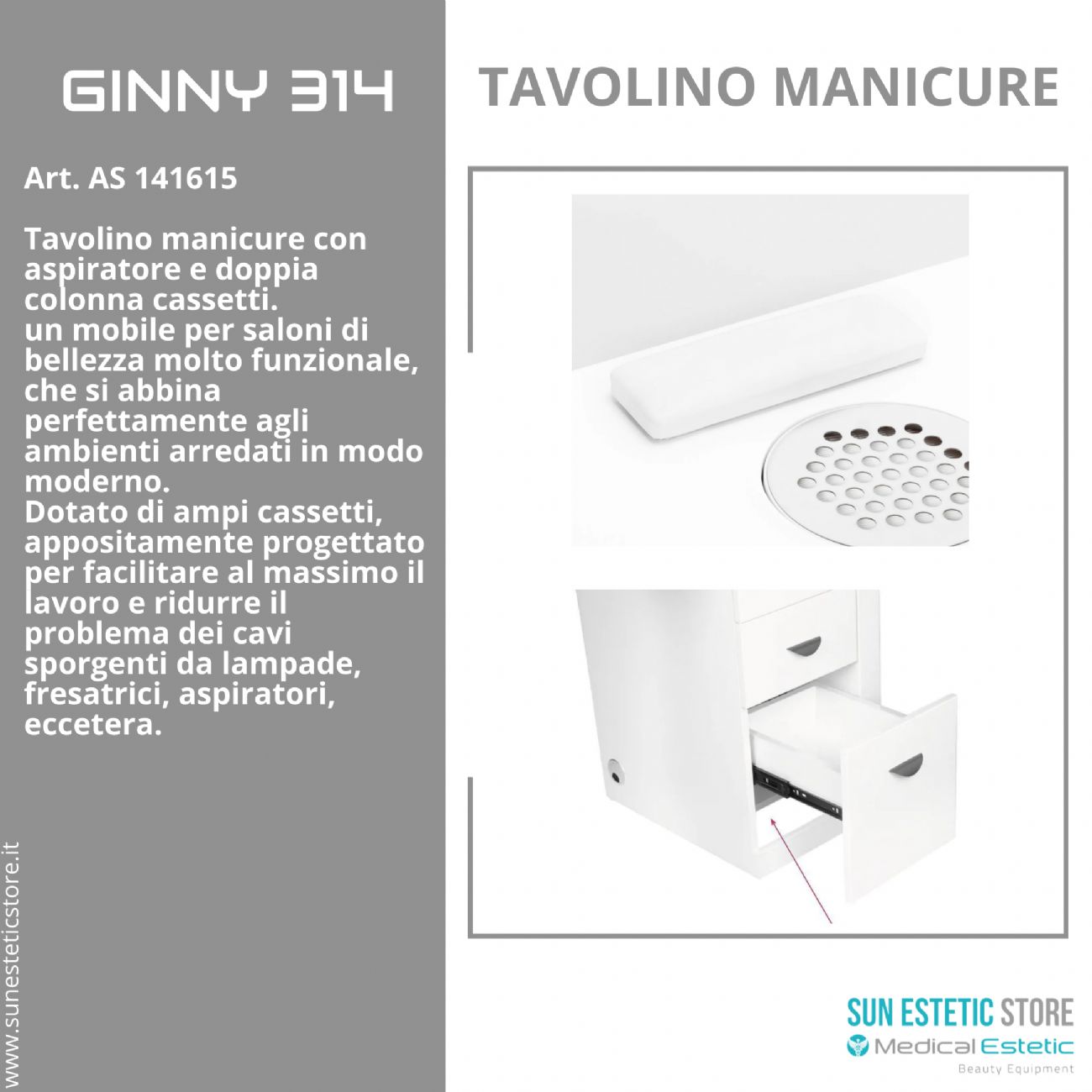 Ginny 314 tavolino manicure in legno bianco con aspiratore e doppia cassettiera