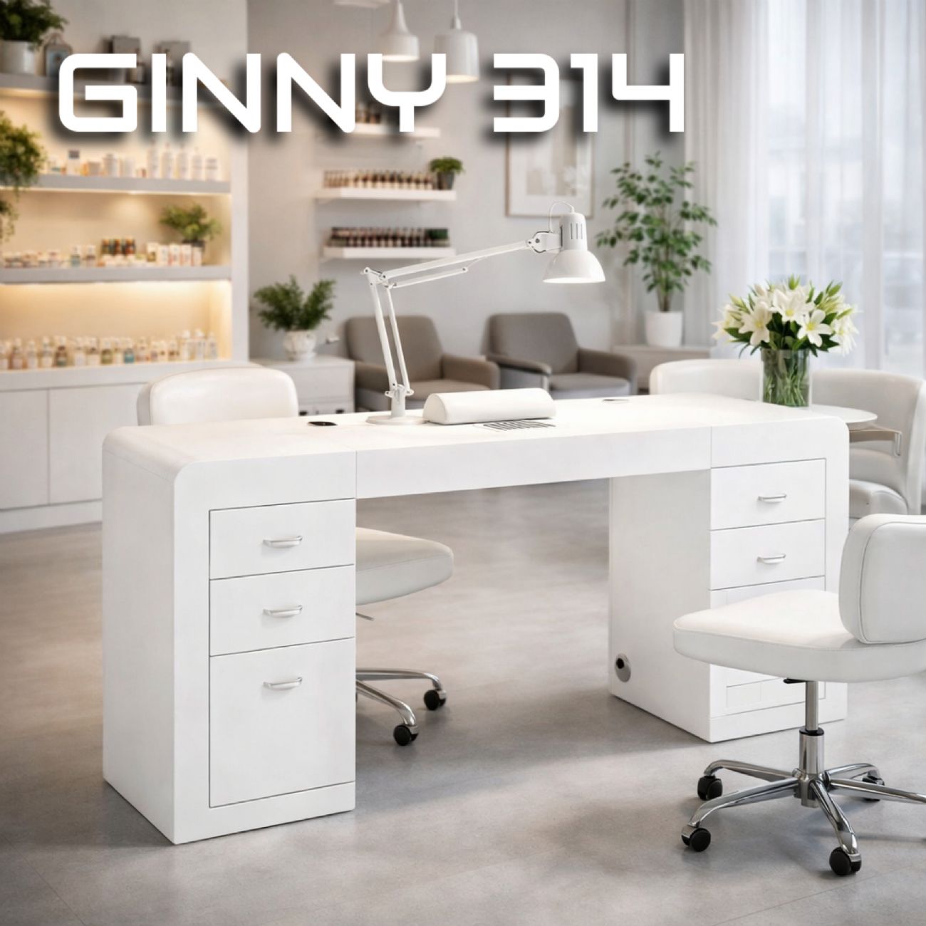 Ginny 314 tavolino manicure in legno bianco con aspiratore e doppia cassettiera