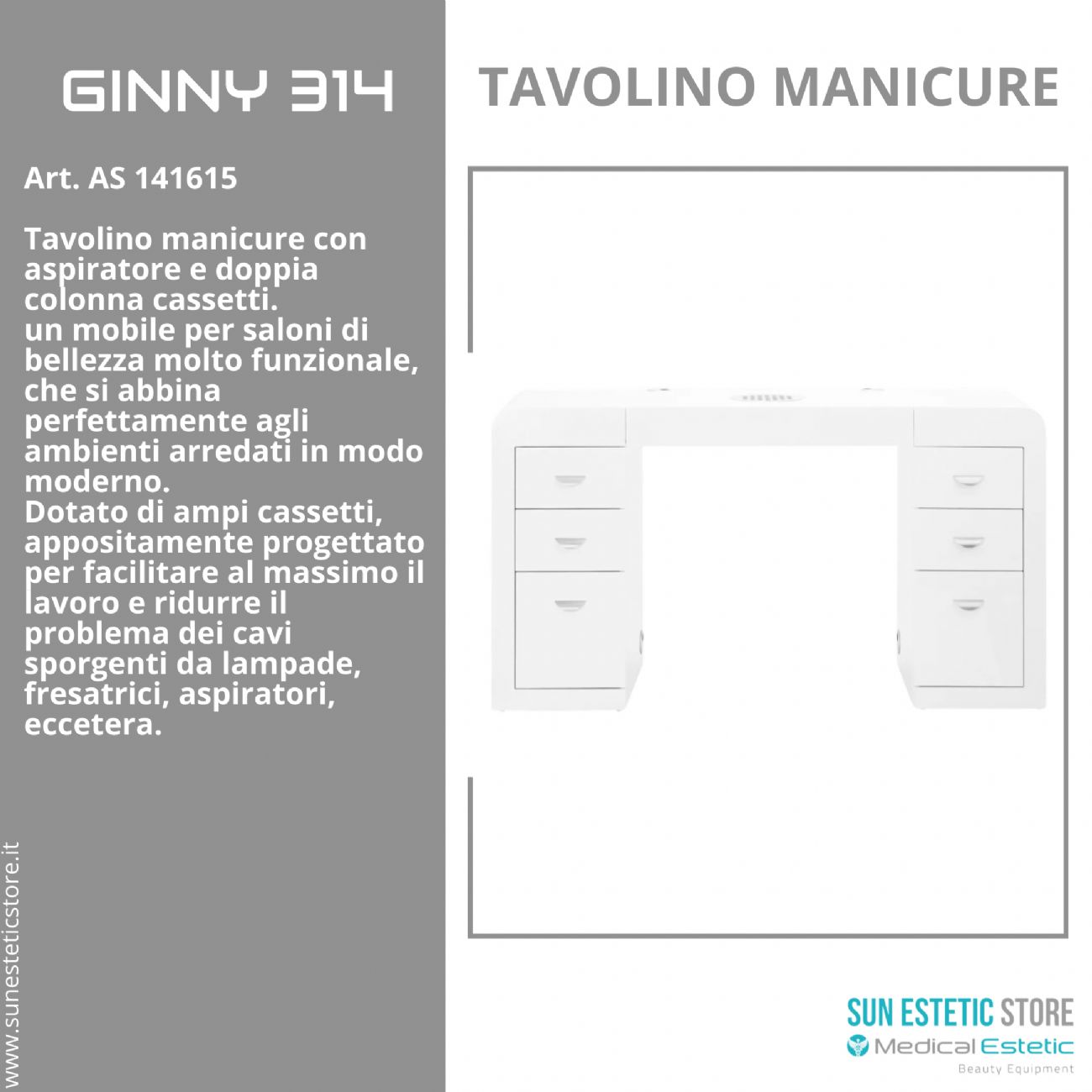 Ginny 314 tavolino manicure in legno bianco con aspiratore e doppia cassettiera