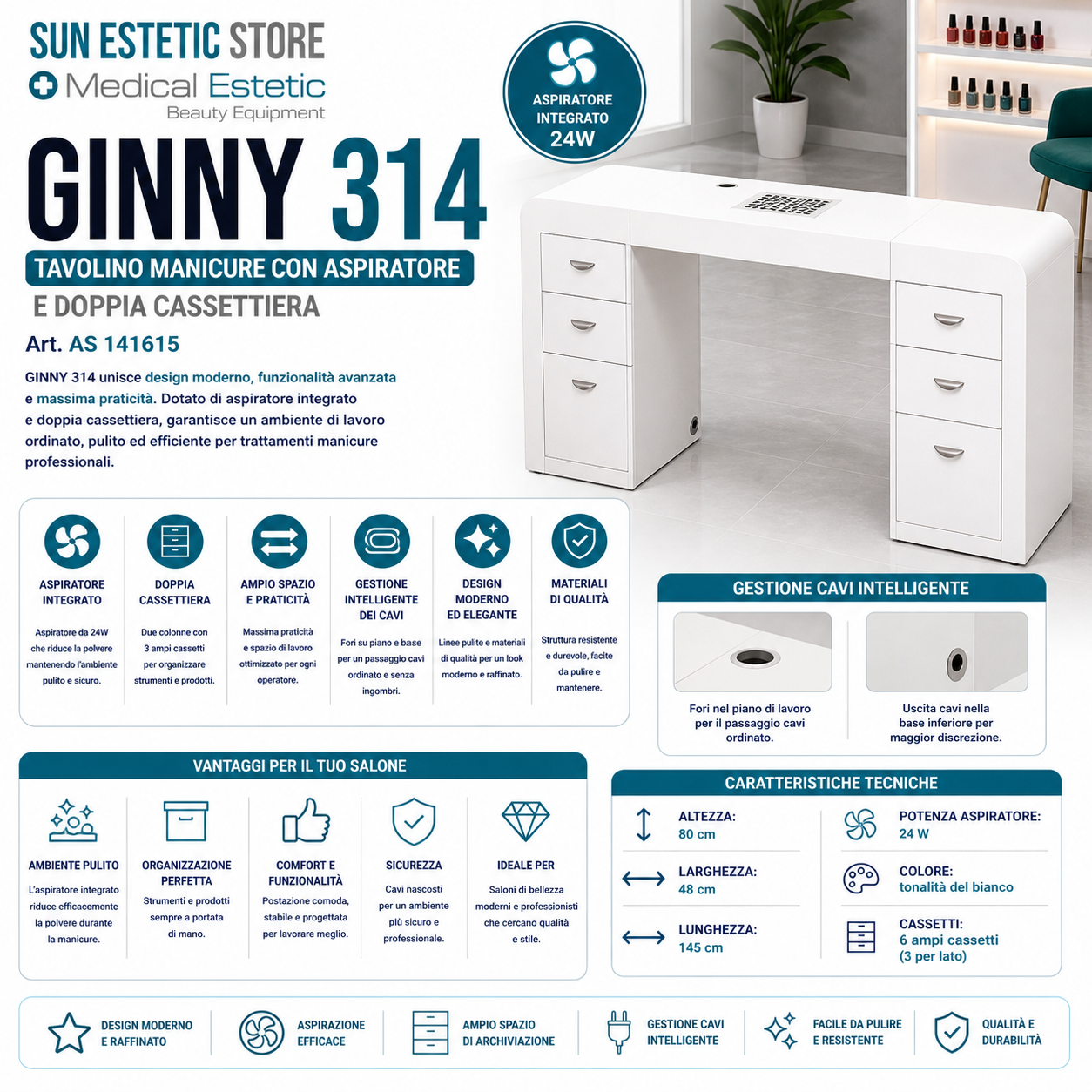 Ginny 314 tavolino manicure in legno bianco con aspiratore e doppia cassettiera