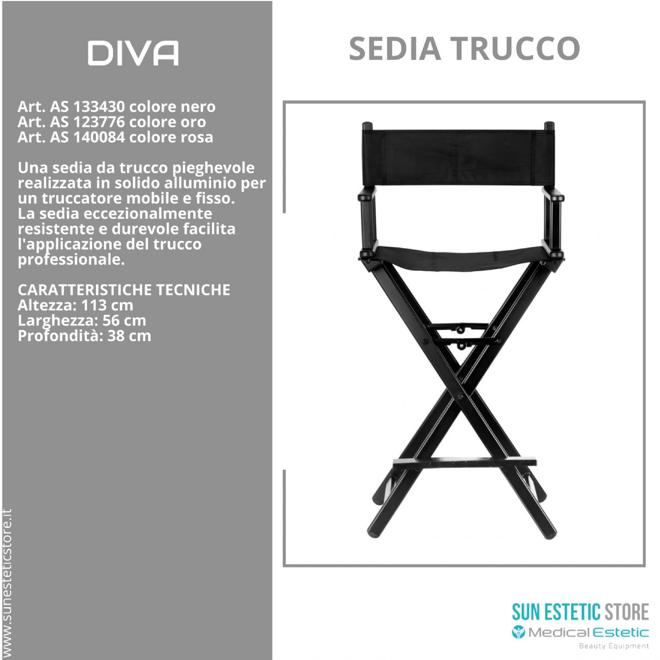 Diva sedia trucco mekup professionale struttura in alluminio pieghevole