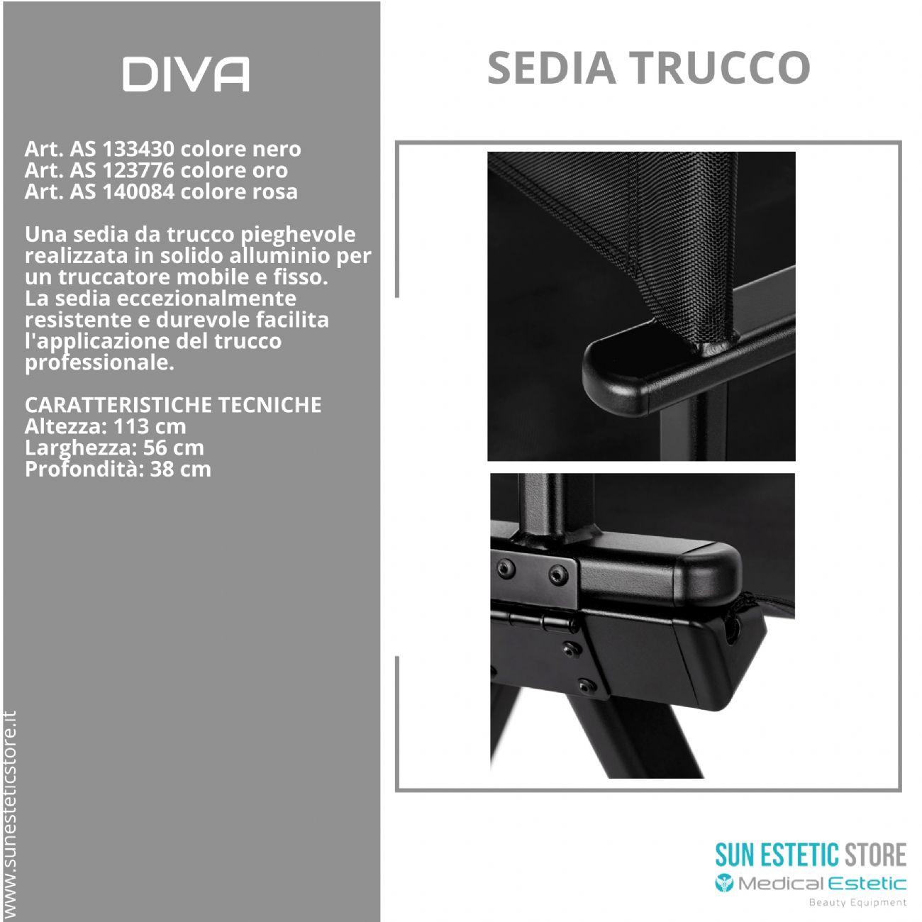 Diva sedia trucco mekup professionale struttura in alluminio pieghevole