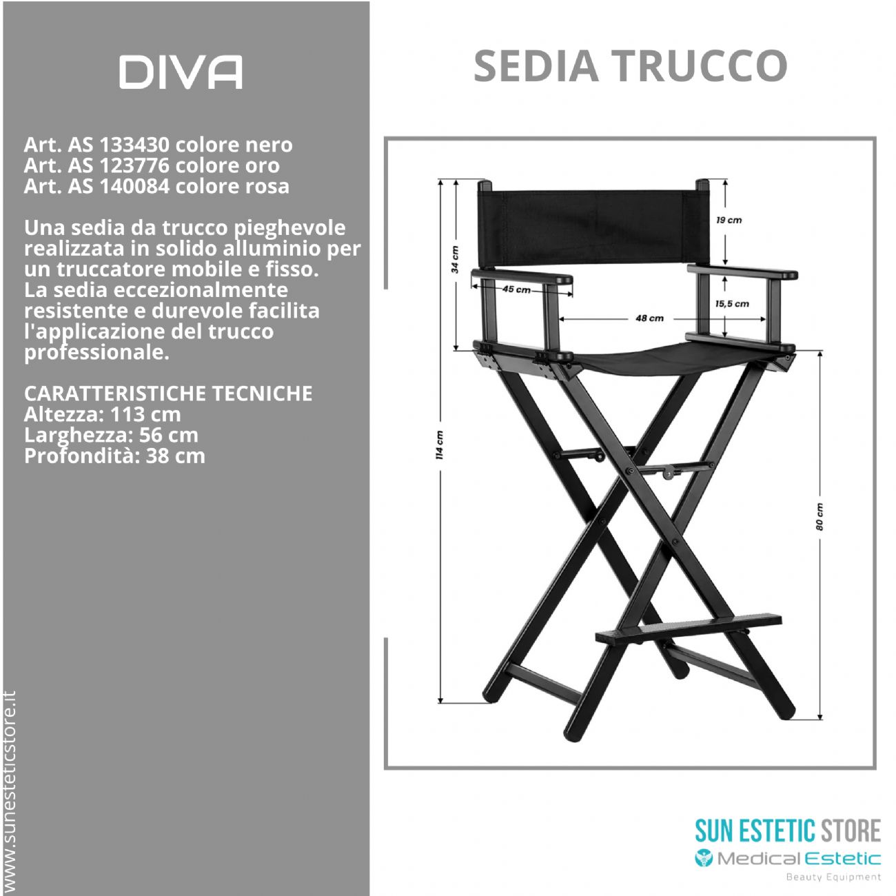 Diva sedia trucco mekup professionale struttura in alluminio pieghevole