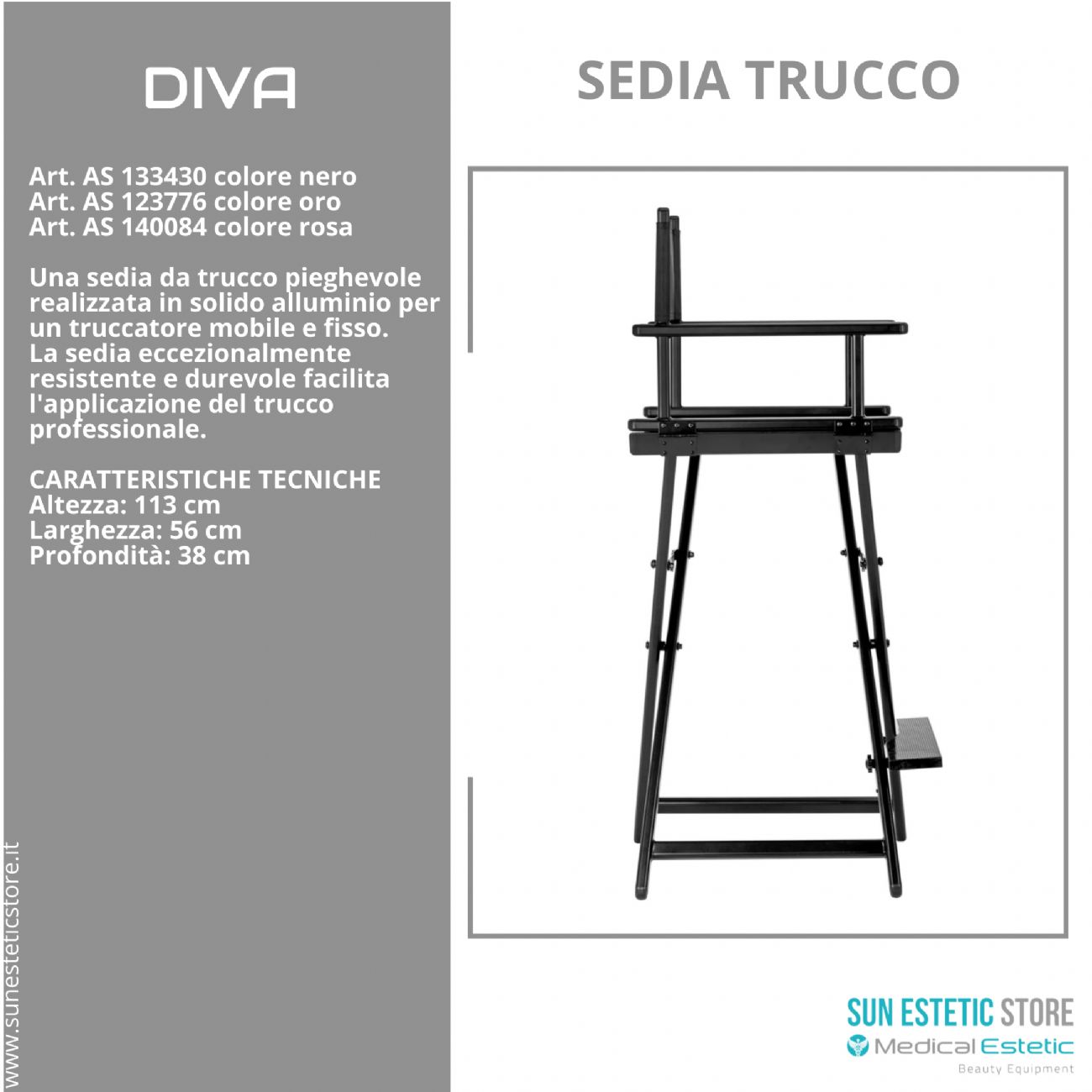 Diva sedia trucco mekup professionale struttura in alluminio pieghevole