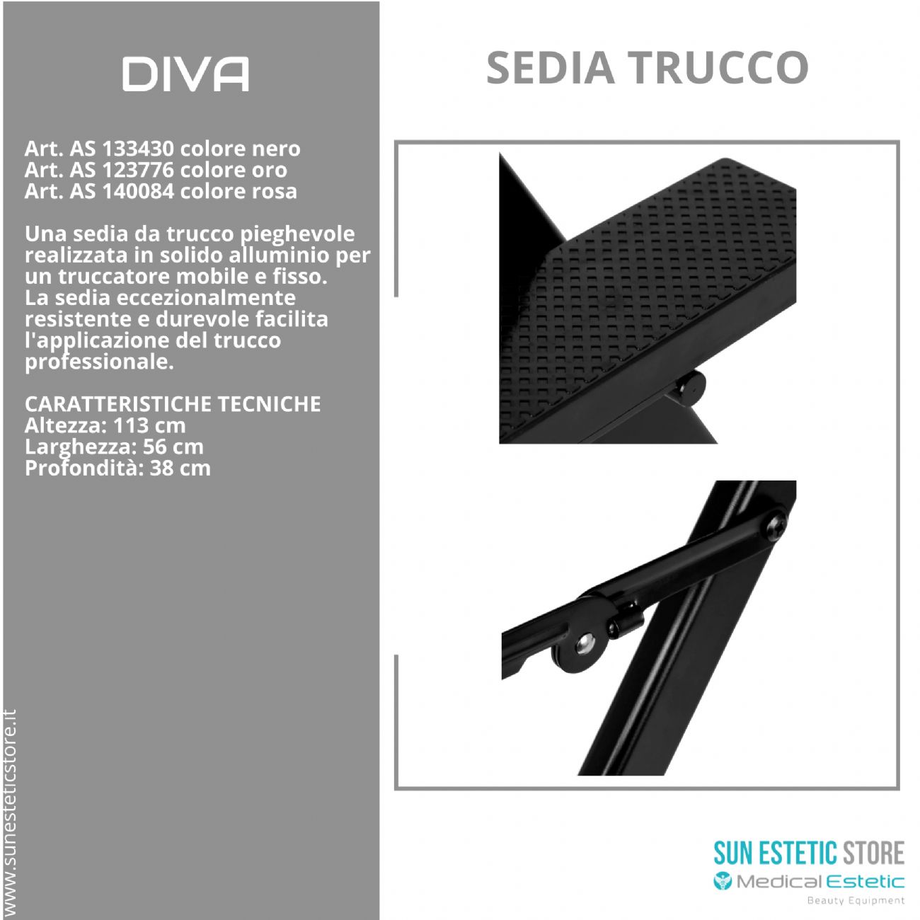 Diva sedia trucco mekup professionale struttura in alluminio pieghevole