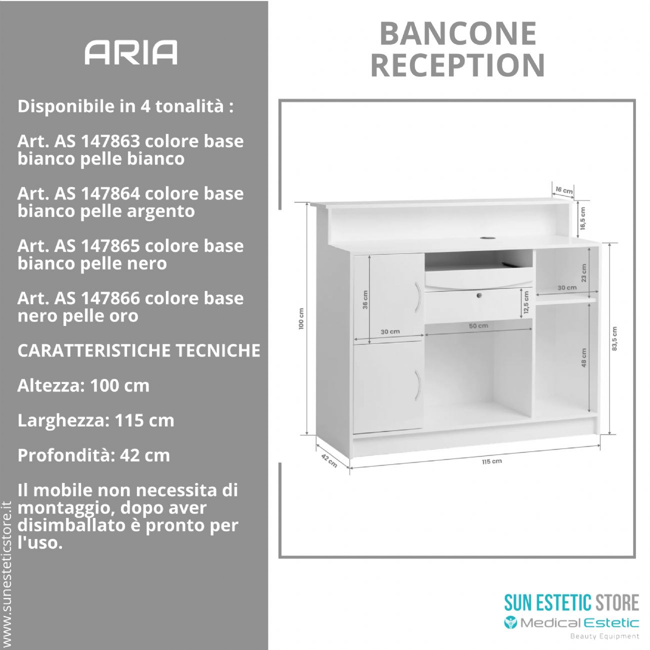 Aria G26 Banco cassa reception negozio con scomparti e cassetto porta tastiera