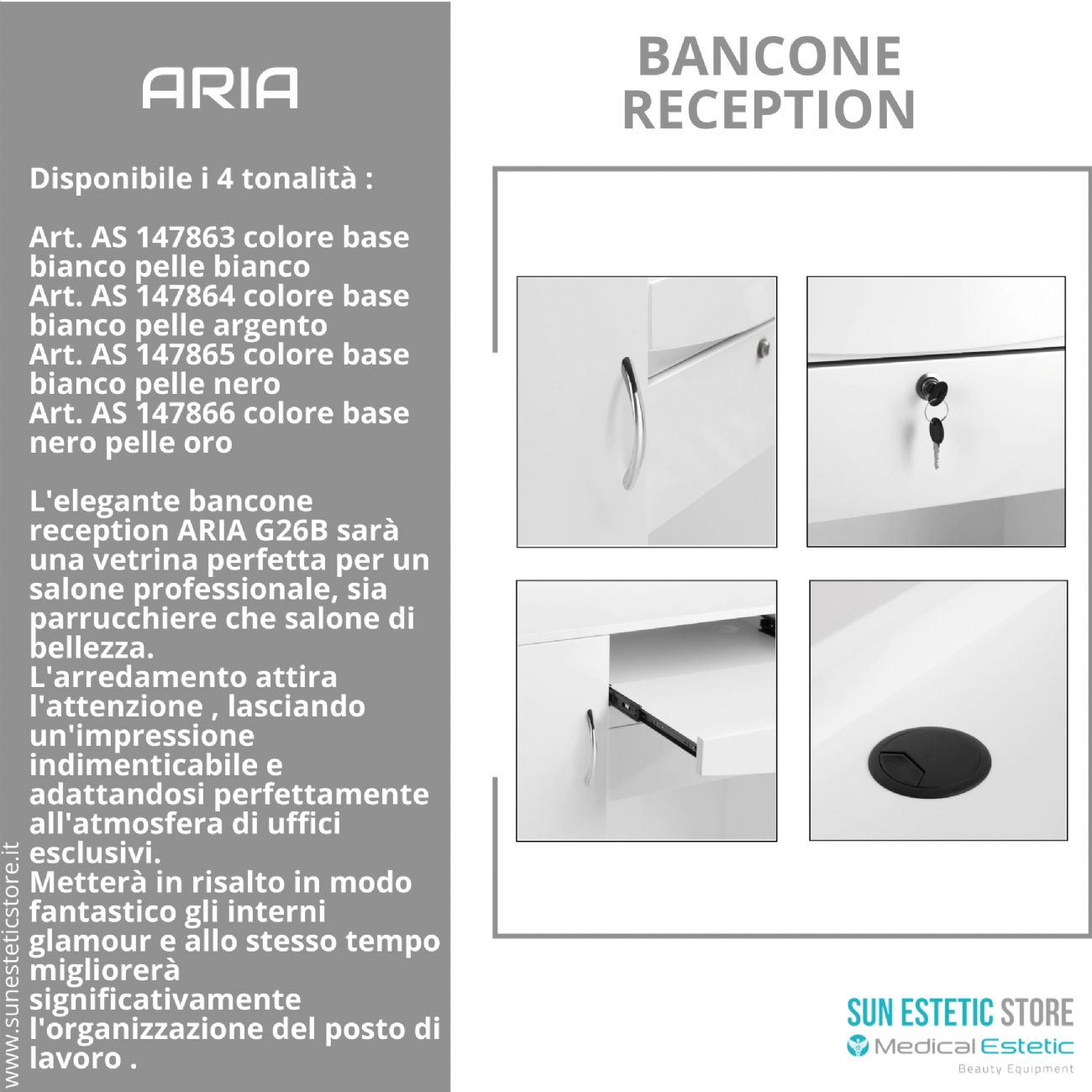 Aria G26 Banco cassa reception negozio con scomparti e cassetto porta tastiera