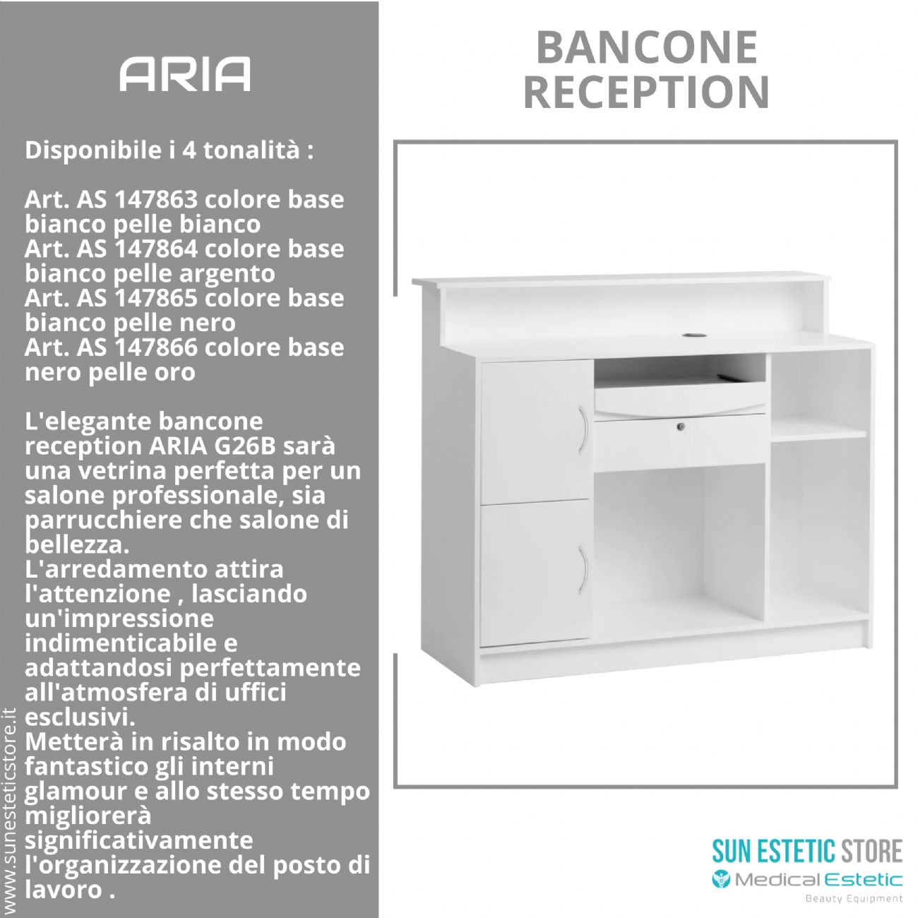 Aria G26 Banco cassa reception negozio con scomparti e cassetto porta tastiera