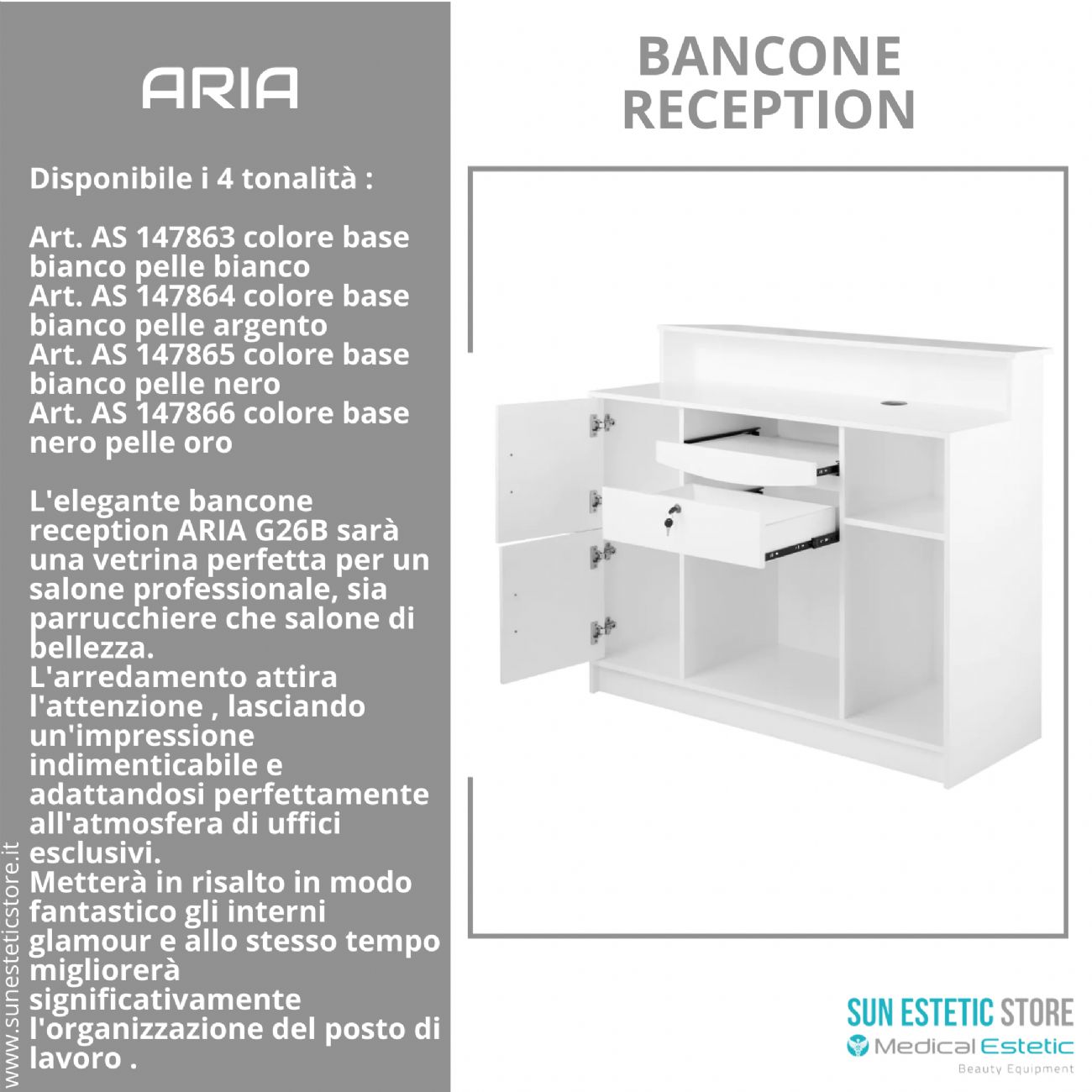 Aria G26 Banco cassa reception negozio con scomparti e cassetto porta tastiera