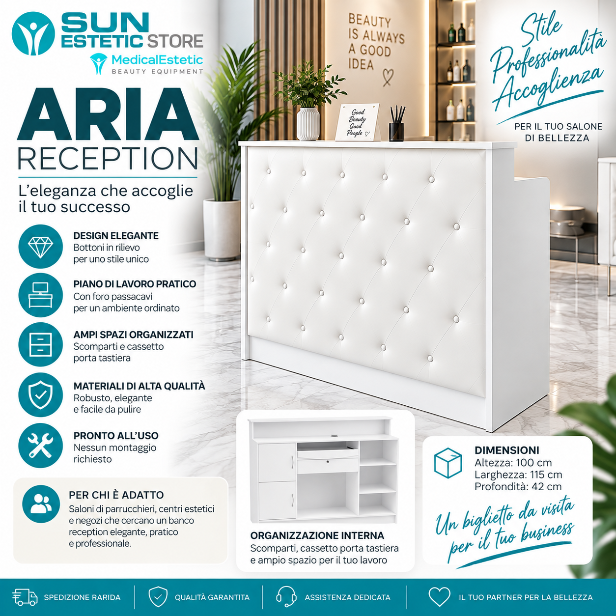 Aria G26 Banco cassa reception negozio con scomparti e cassetto porta tastiera