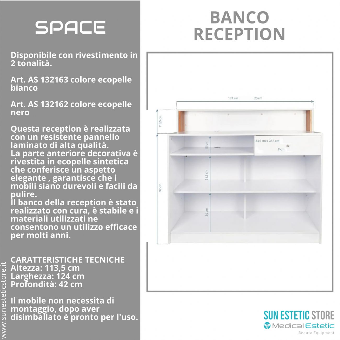 Space banco cassa reception negozio con cassetto e ripiani porta oggetti