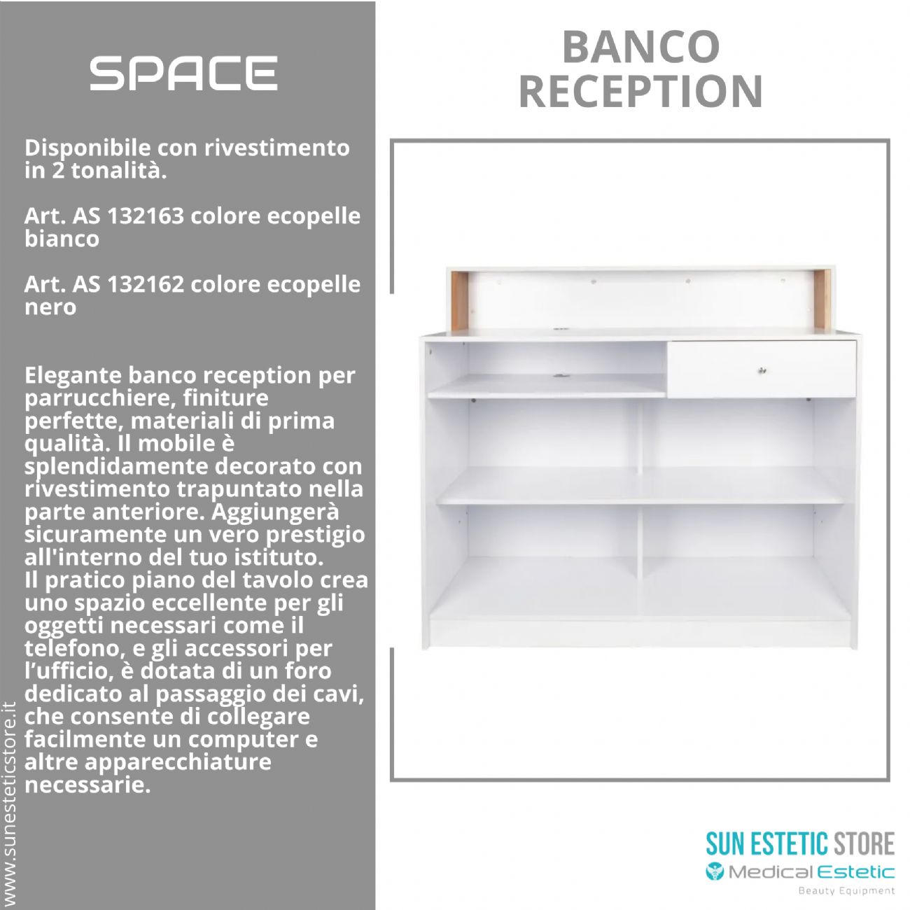 Space banco cassa reception negozio con cassetto e ripiani porta oggetti