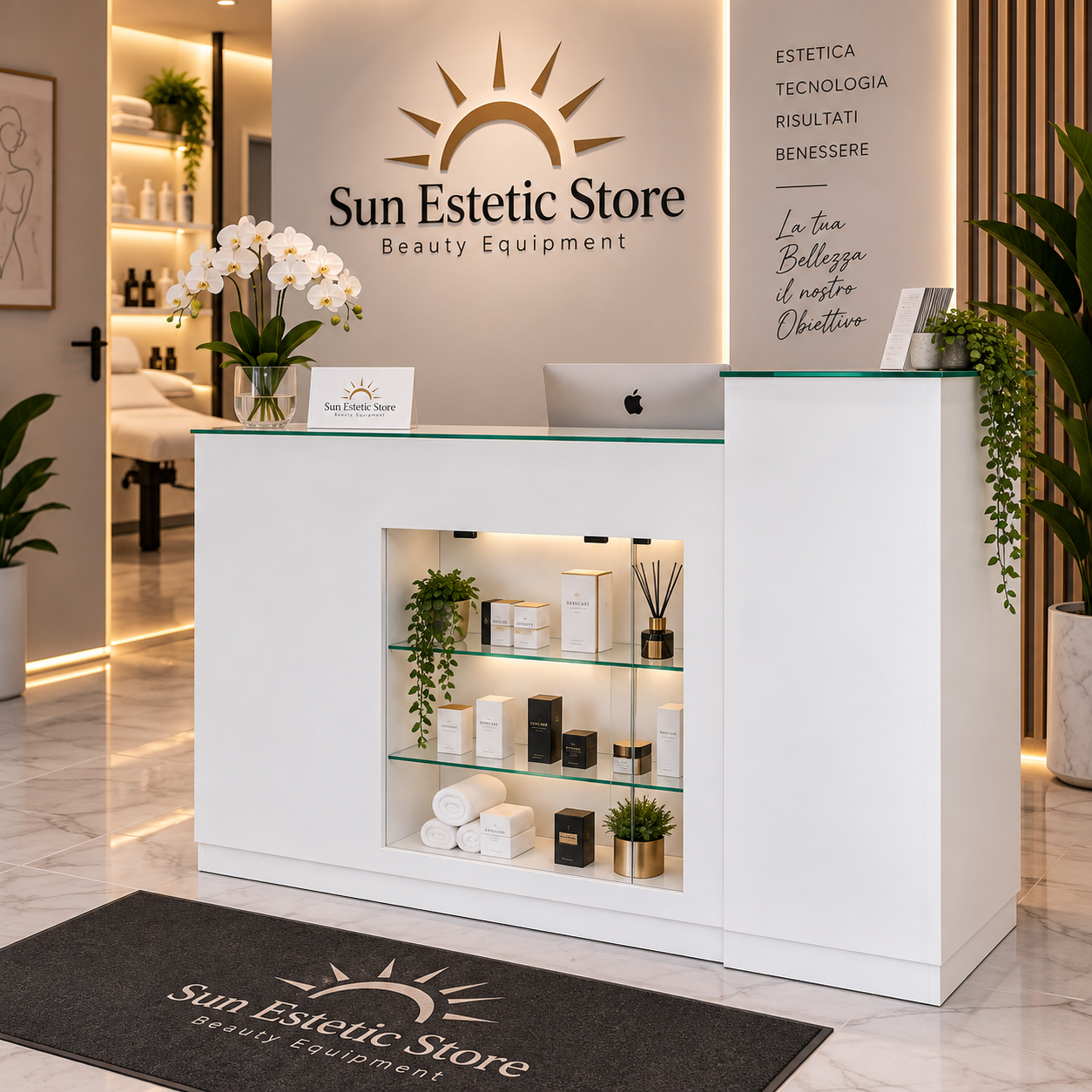 Expo banco cassa reception con vetrinetta con cassetti e ripiani per estetica