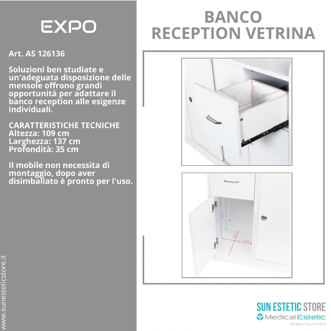 Expo banco cassa reception con vetrinetta con cassetti e ripiani per estetica