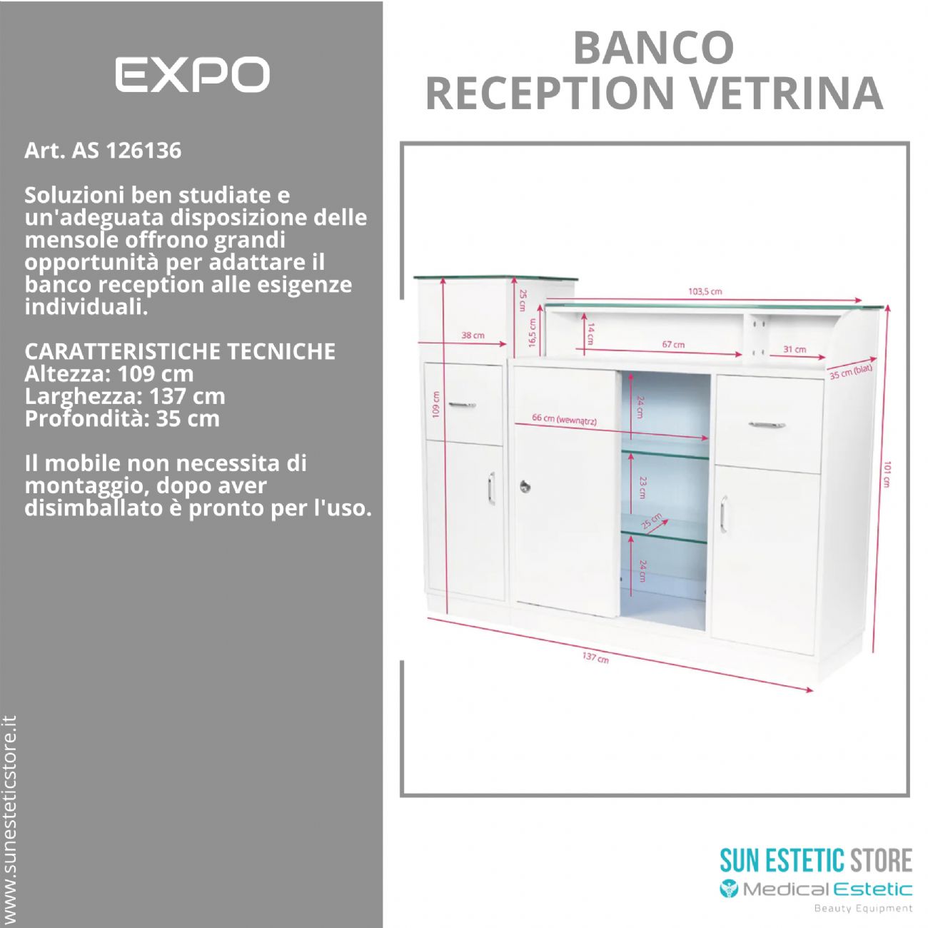 Expo banco cassa reception con vetrinetta con cassetti e ripiani per estetica