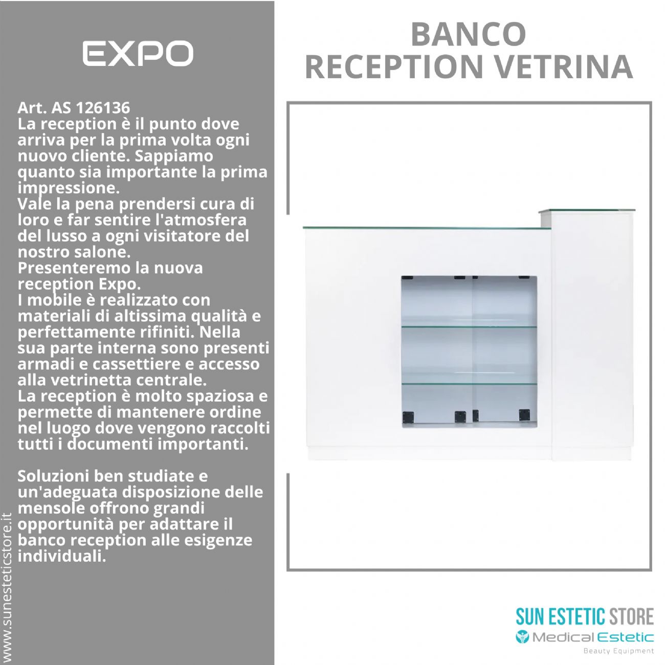 Expo banco cassa reception con vetrinetta con cassetti e ripiani per estetica