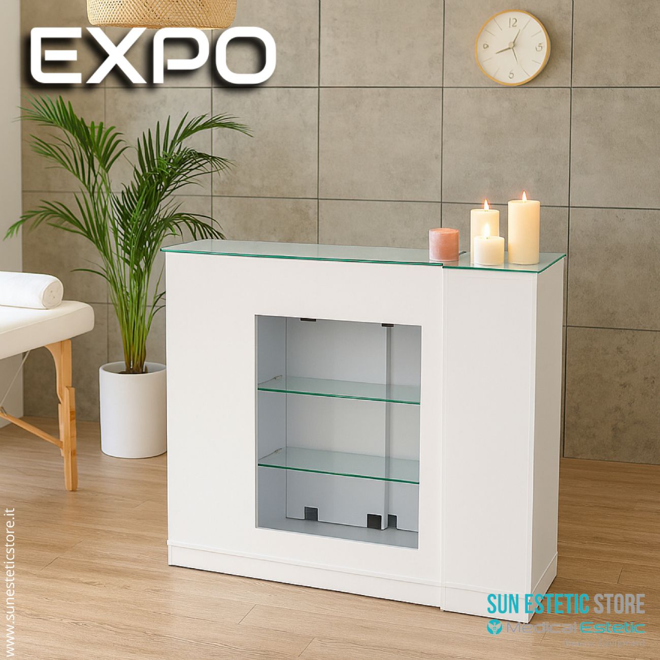 Expo banco cassa reception con vetrinetta con cassetti e ripiani per estetica