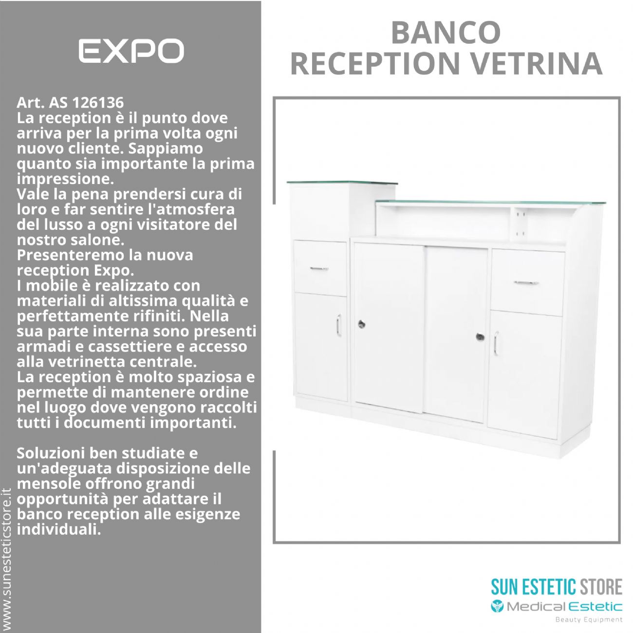 Expo banco cassa reception con vetrinetta con cassetti e ripiani per estetica