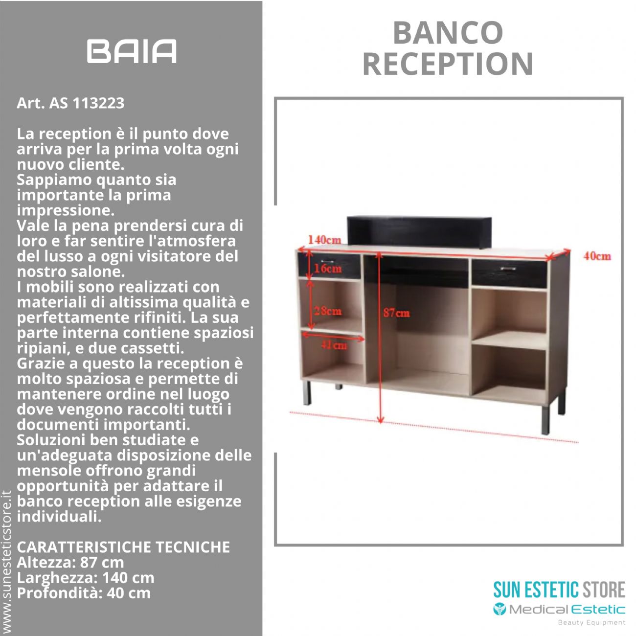 Baia banco cassa reception con 2 cassetti e ampi ripiani per estetica