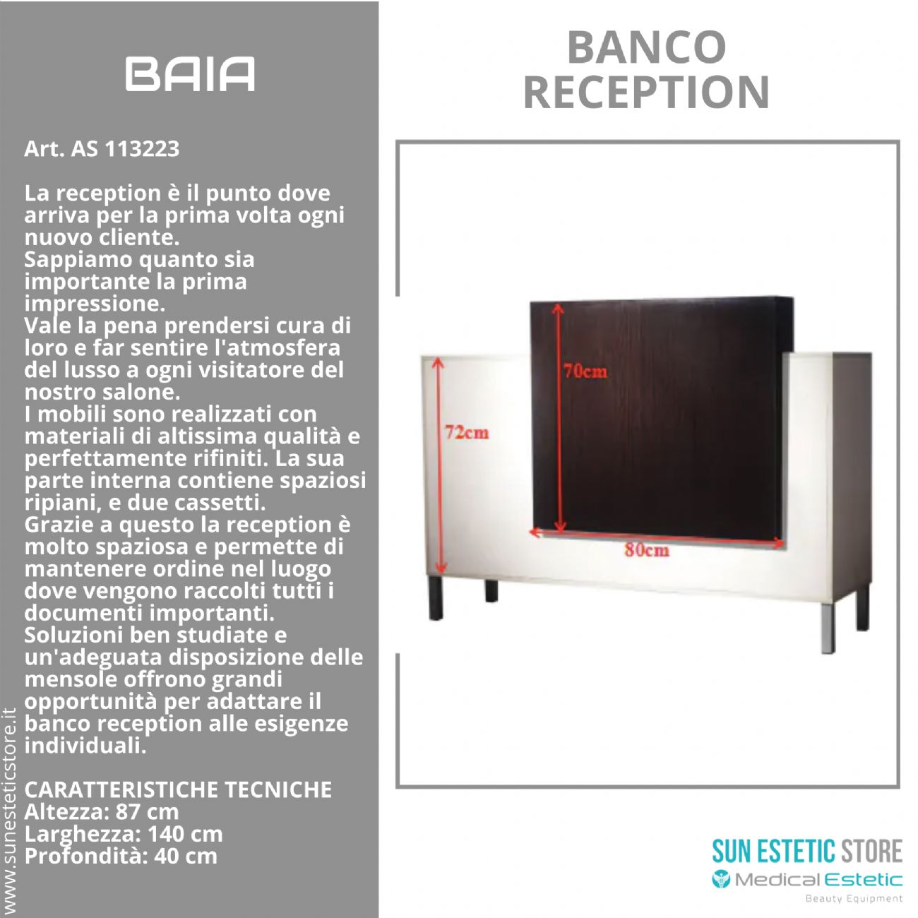 Baia banco cassa reception con 2 cassetti e ampi ripiani per estetica