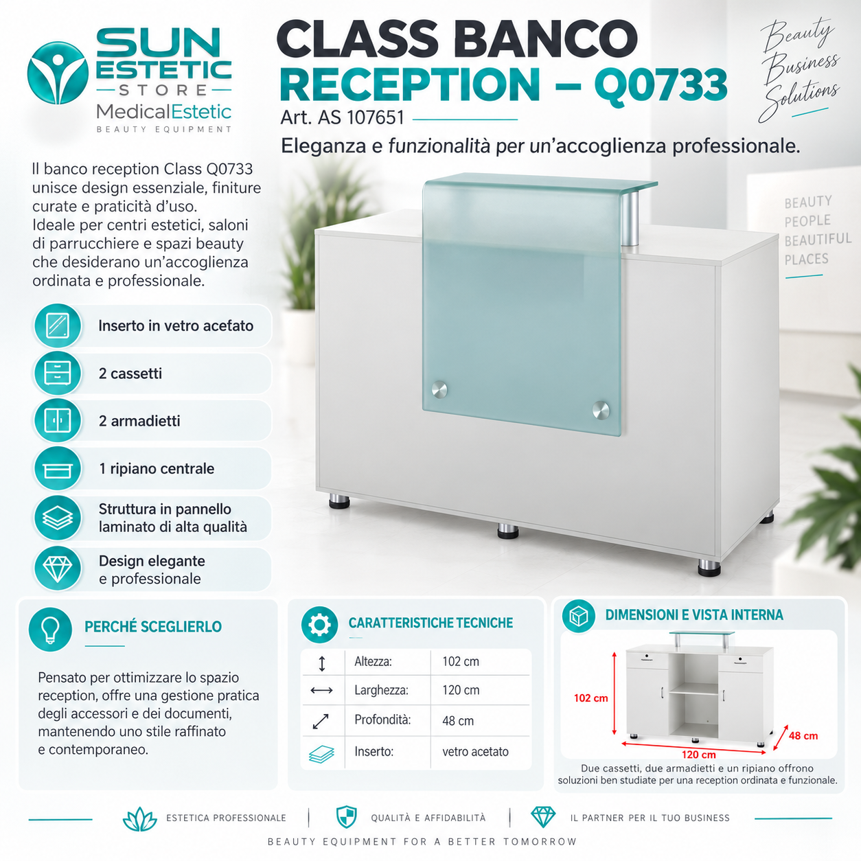 Class banco cassa reception con 2 cassetti 2 armadietti e ampio ripiano