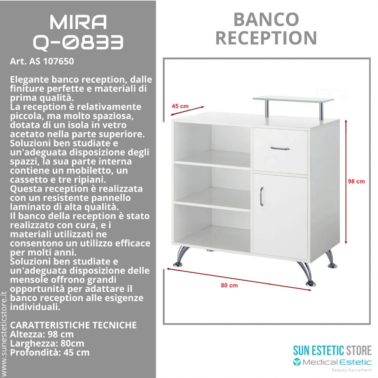 Mira banco cassa reception con 1 mobiletto 1 cassetto e 3 ripiani