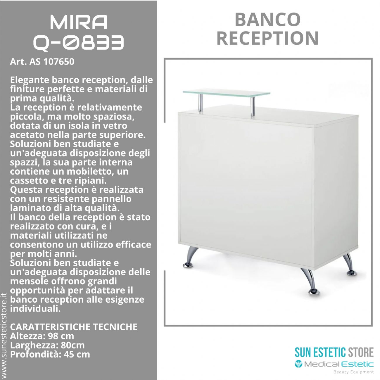 Mira banco cassa reception con 1 mobiletto 1 cassetto e 3 ripiani