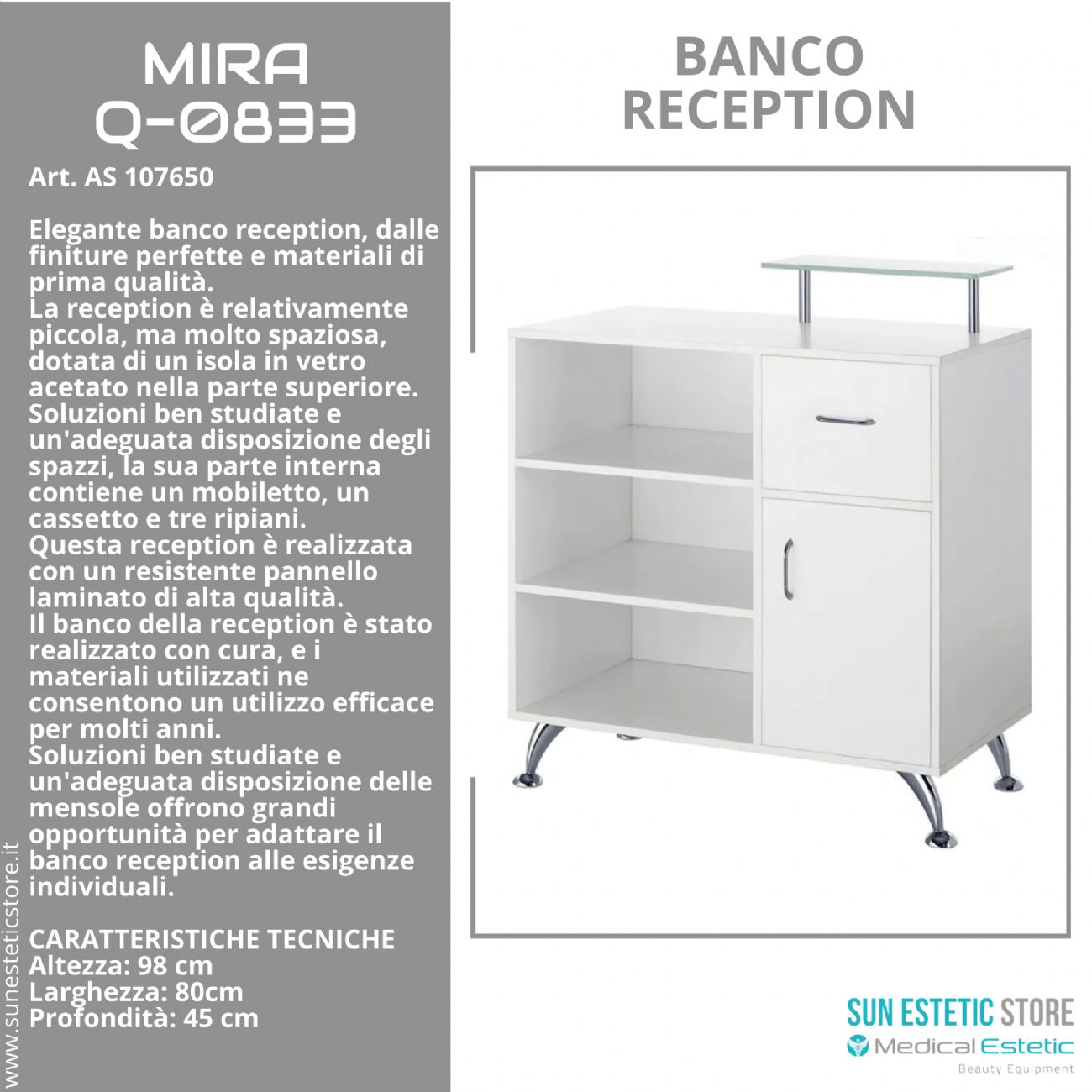 Mira banco cassa reception con 1 mobiletto 1 cassetto e 3 ripiani