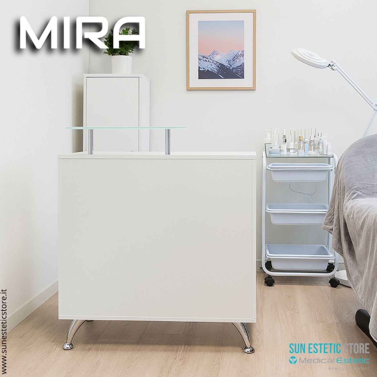 Mira banco cassa reception con 1 mobiletto 1 cassetto e 3 ripiani