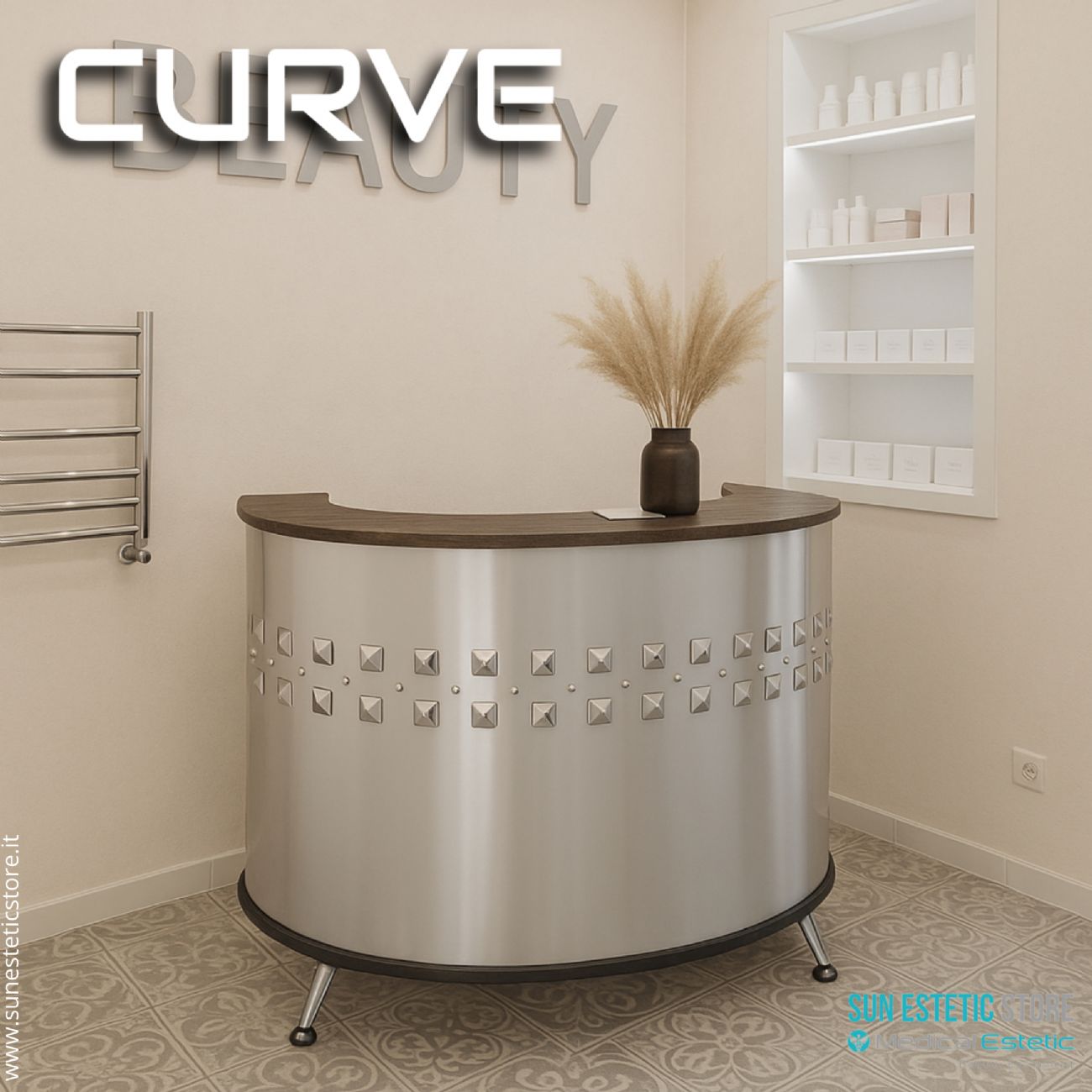Curve banco cassa reception con 1 mobiletto 1 cassetto e 3 ripiani