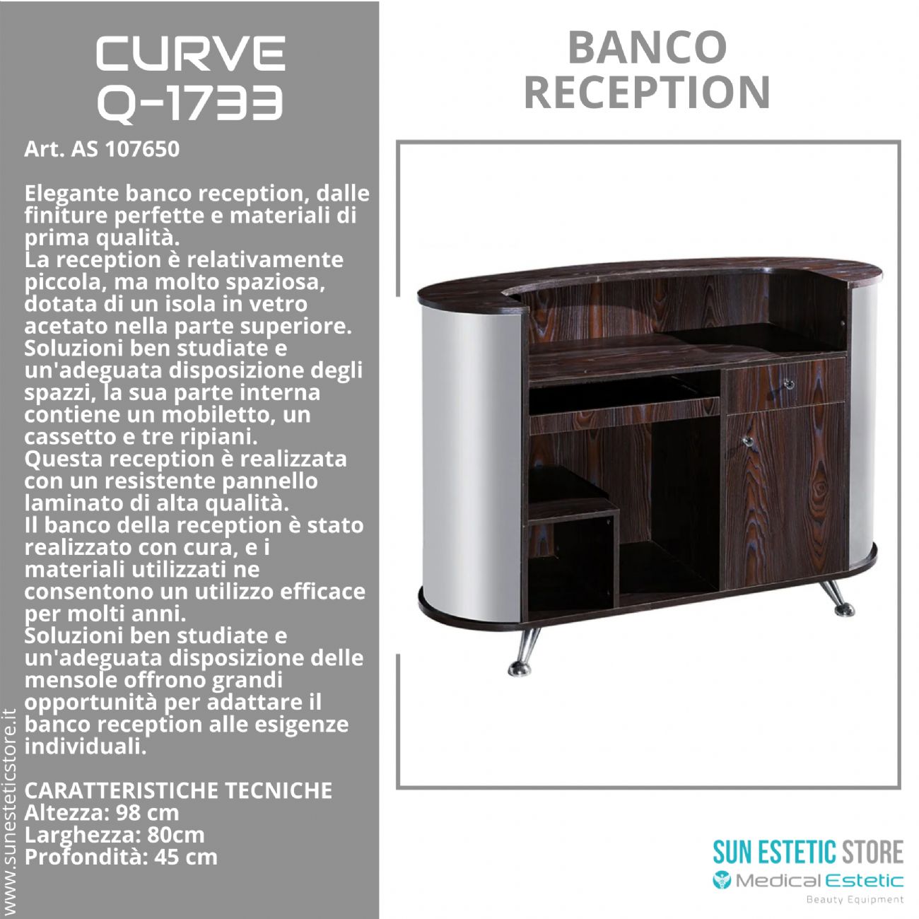 Curve banco cassa reception con 1 mobiletto 1 cassetto e 3 ripiani