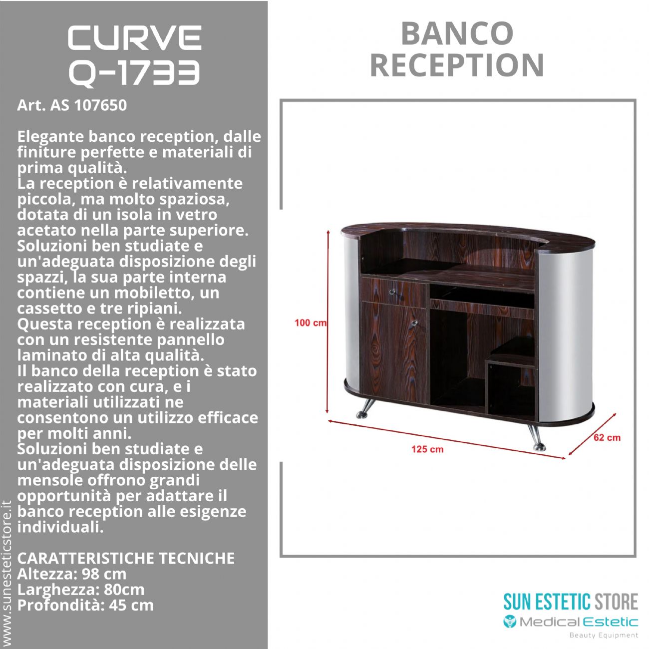 Curve banco cassa reception con 1 mobiletto 1 cassetto e 3 ripiani