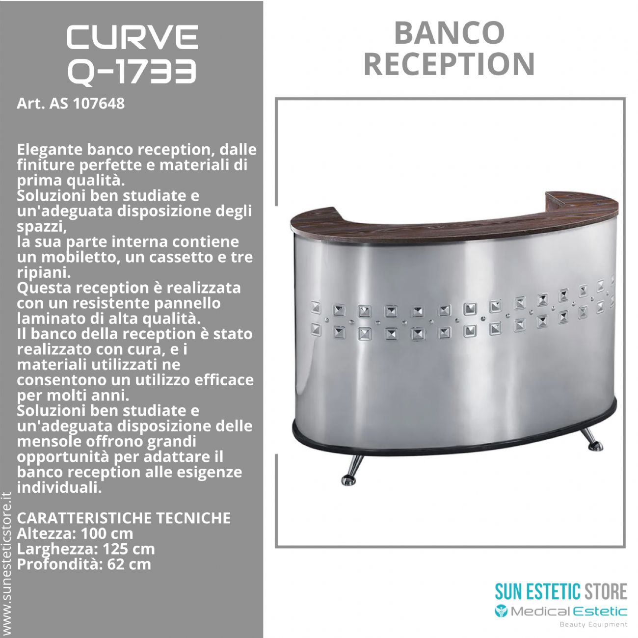 Curve banco cassa reception con 1 mobiletto 1 cassetto e 3 ripiani