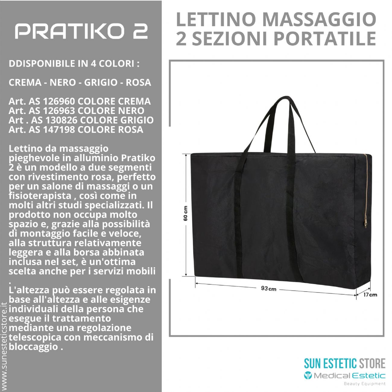 Pratiko 2 lettino da massaggio portatile in alluminio 2 sezioni estetica