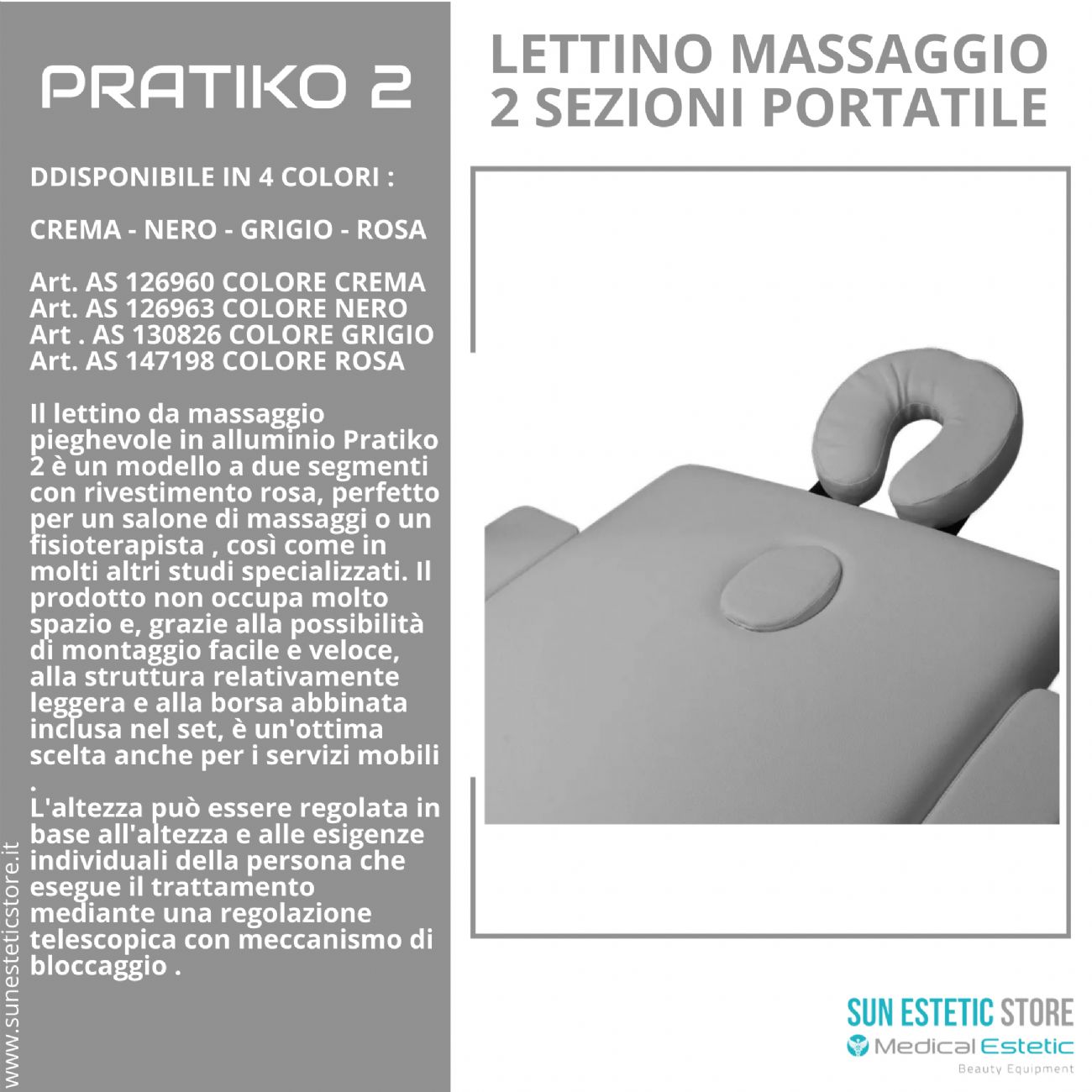 Pratiko 2 lettino da massaggio portatile in alluminio 2 sezioni estetica