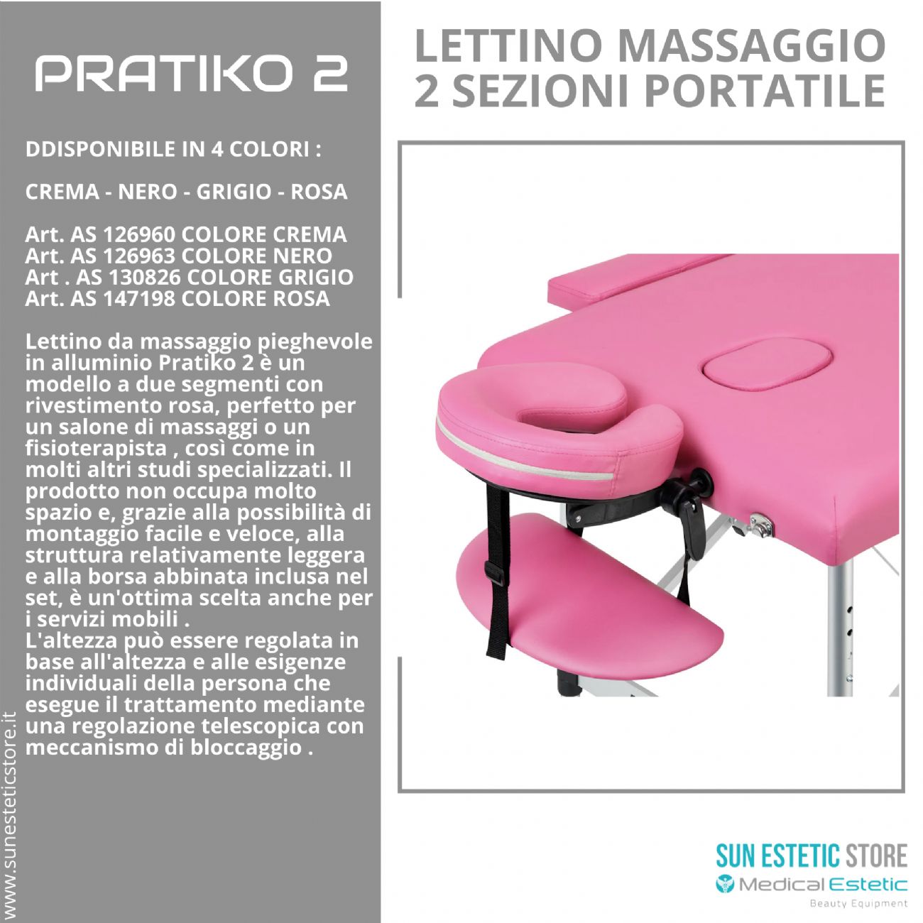 Pratiko 2 lettino da massaggio portatile in alluminio 2 sezioni estetica