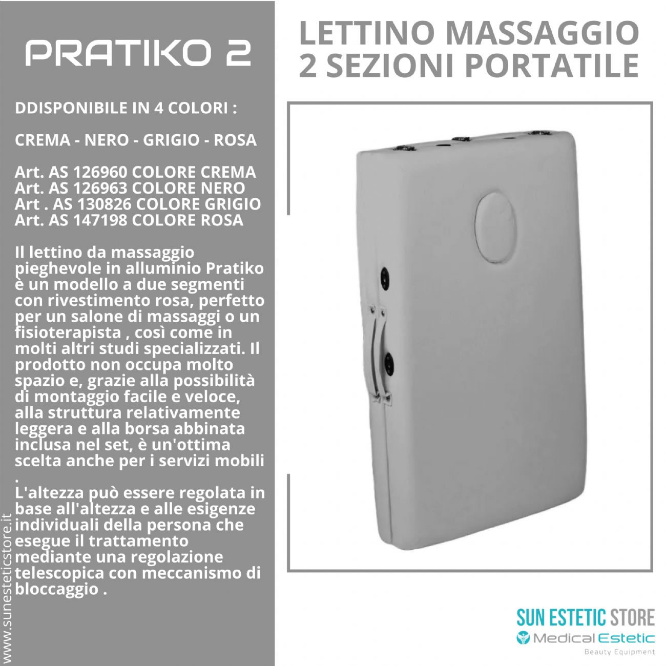 Pratiko 2 lettino da massaggio portatile in alluminio 2 sezioni estetica