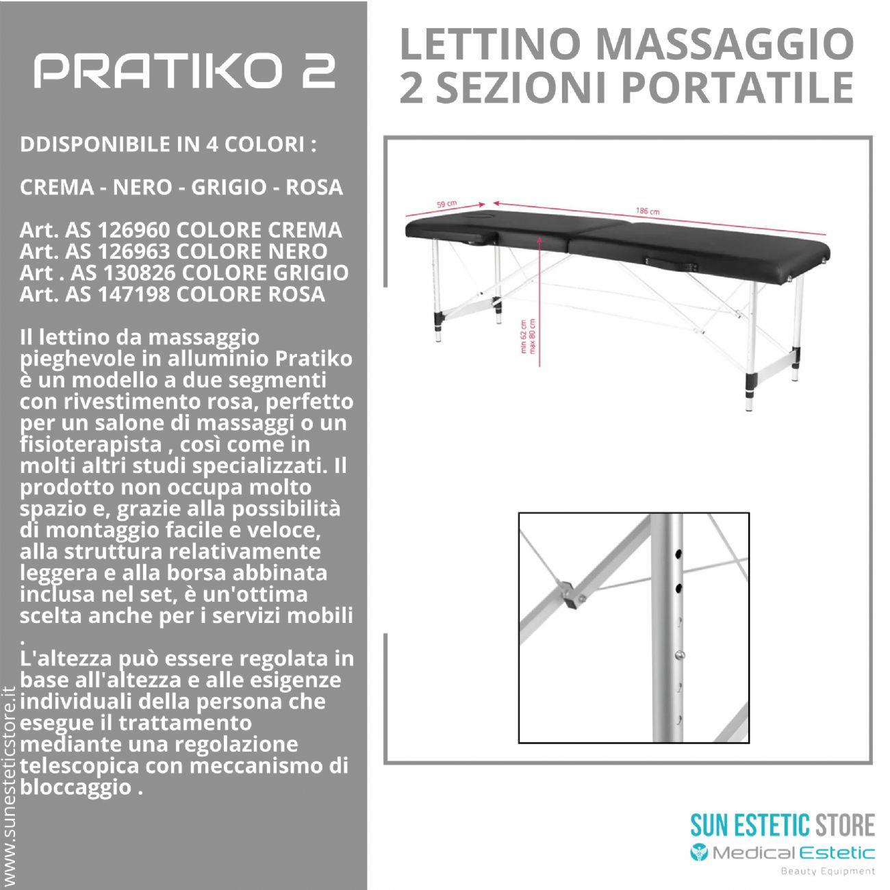 Pratiko 2 lettino da massaggio portatile in alluminio 2 sezioni estetica