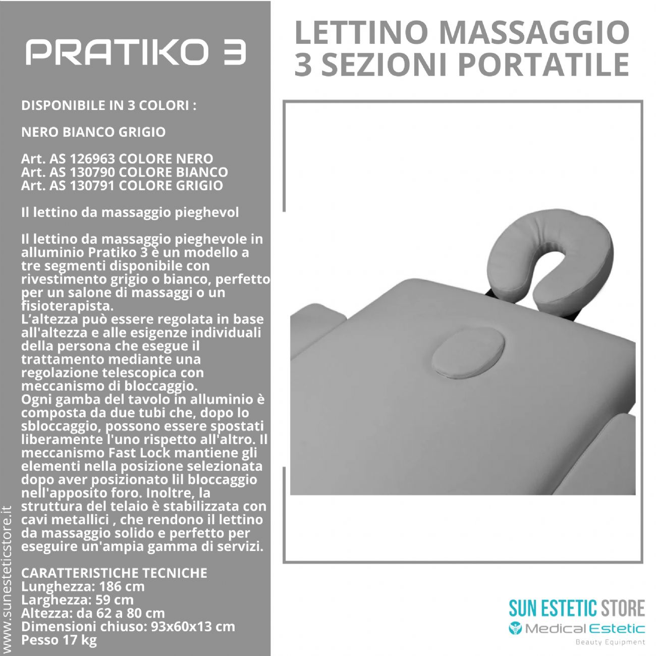 Pratiko 3 lettino da massaggio portatile in alluminio 3 sezioni estetica