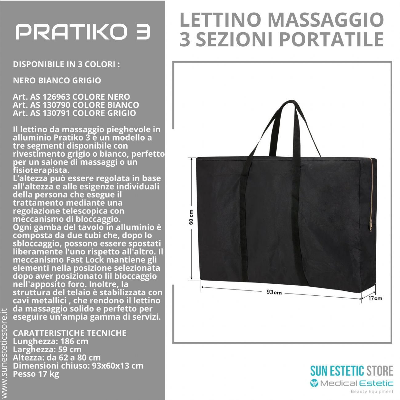 Pratiko 3 lettino da massaggio portatile in alluminio 3 sezioni estetica