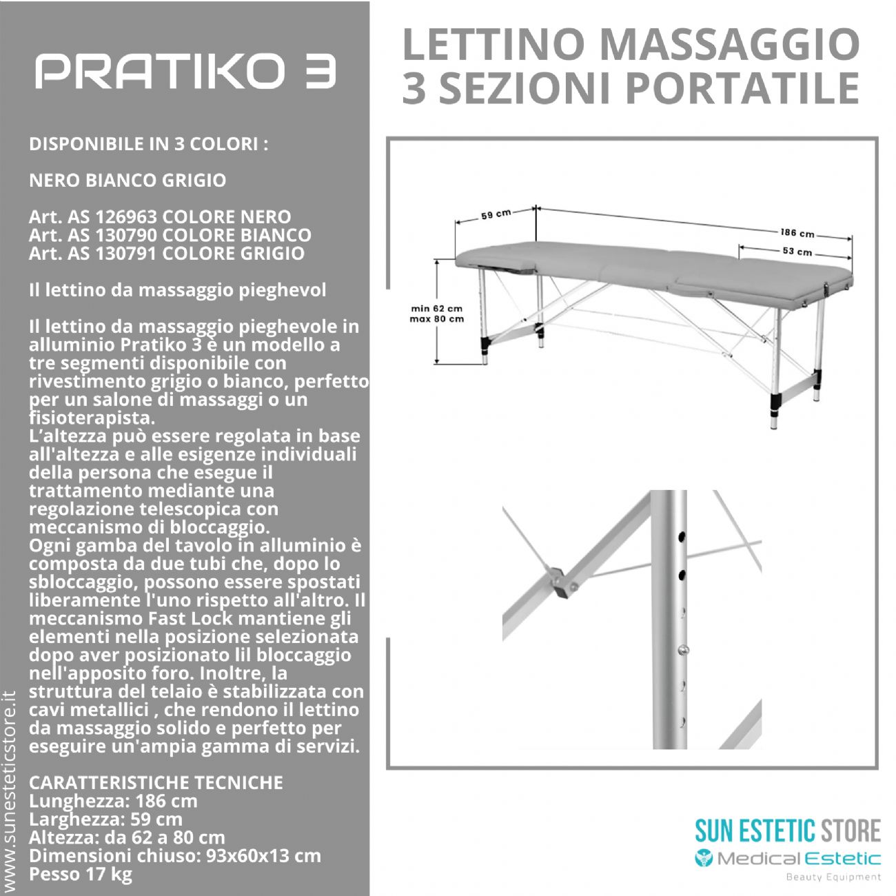 Pratiko 3 lettino da massaggio portatile in alluminio 3 sezioni estetica