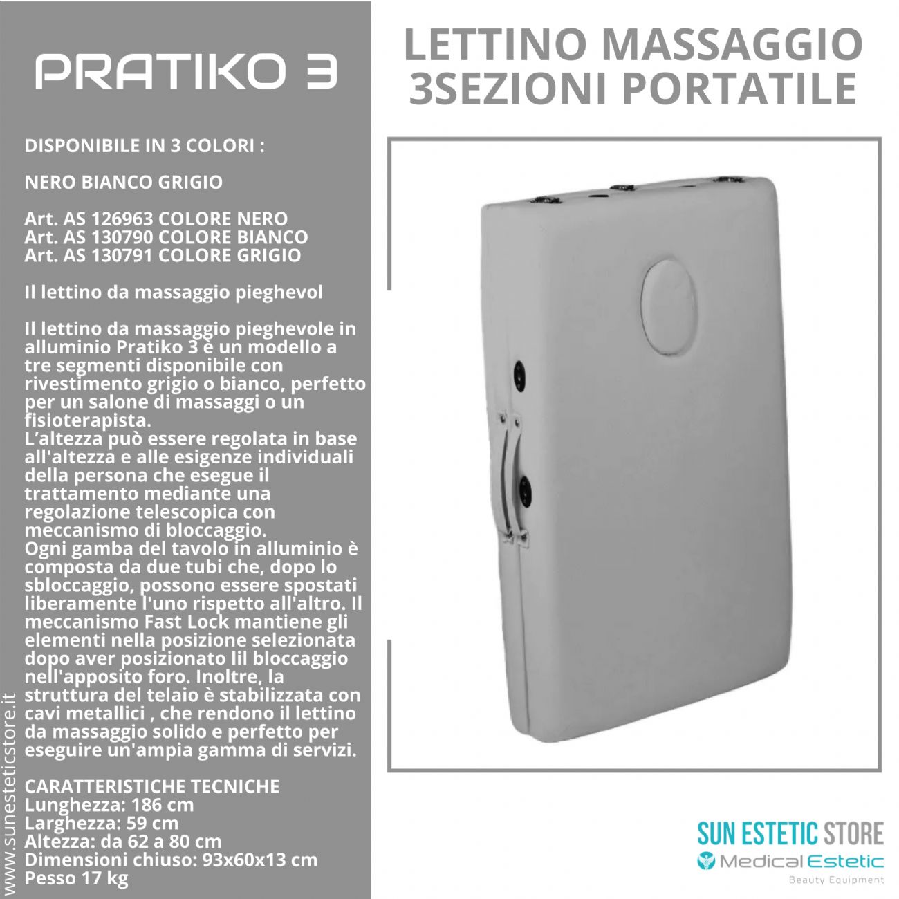 Pratiko 3 lettino da massaggio portatile in alluminio 3 sezioni estetica