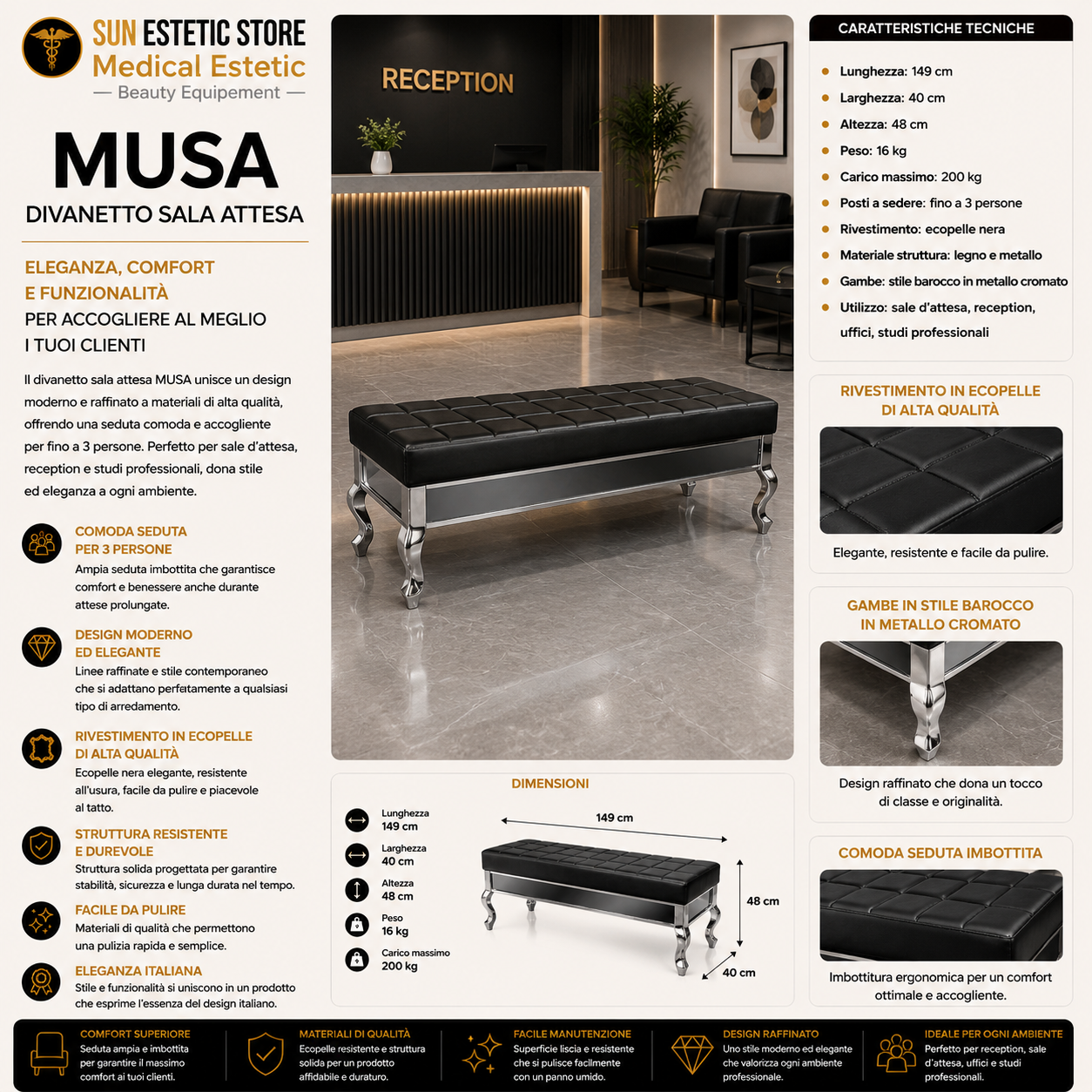 Musa F011 divano in pelle reception arredamenti ingresso parrucchiere estetica