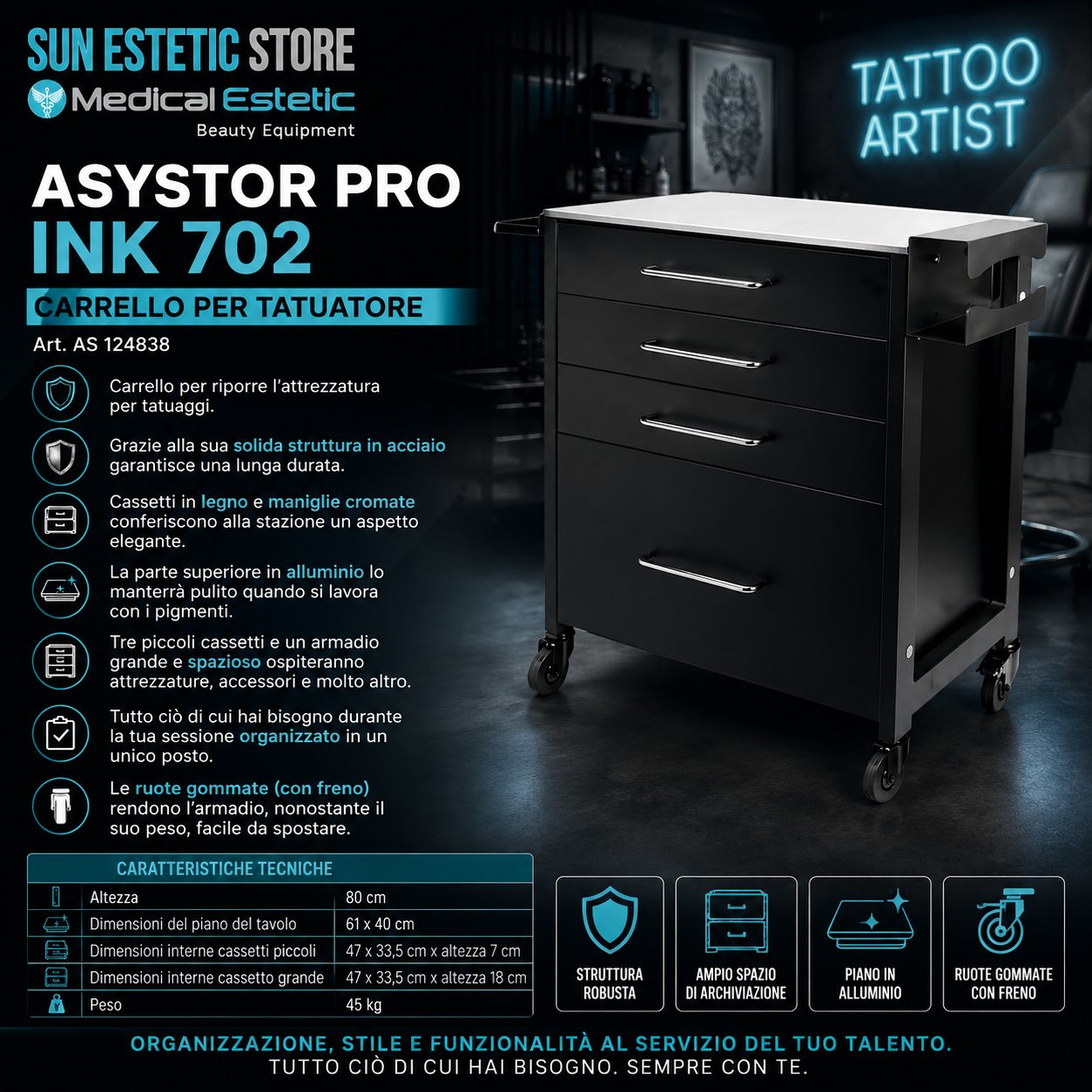 Asystor Pro Ink 702 carrello cassettiera specifico  per studio tattoo attuatore