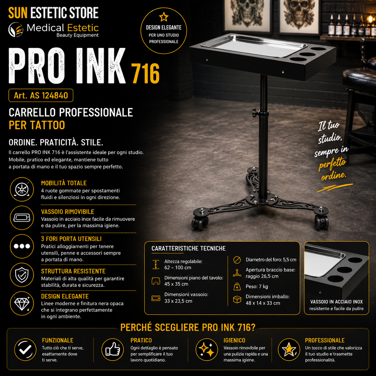 Pro Ink 716 carrello supporto per studio tattoo tatuatore colore nero