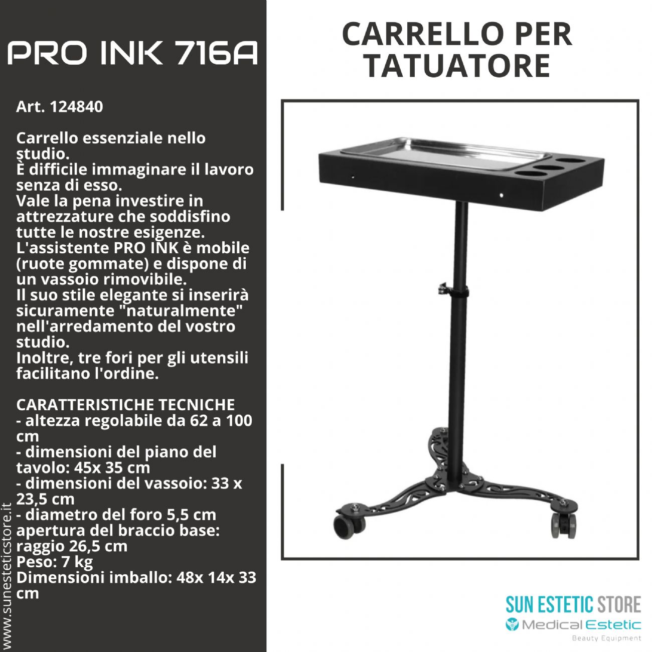 Pro Ink 716 carrello supporto per studio tattoo tatuatore colore nero