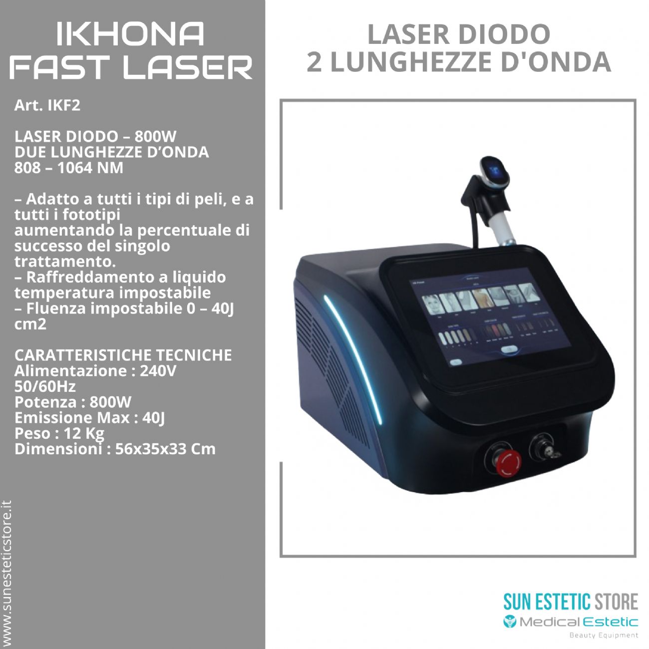 iKhona Fast Laser diodo 2 lunghezze d'onda 808 - 1064 nm - 1000W portatile estetica 40J