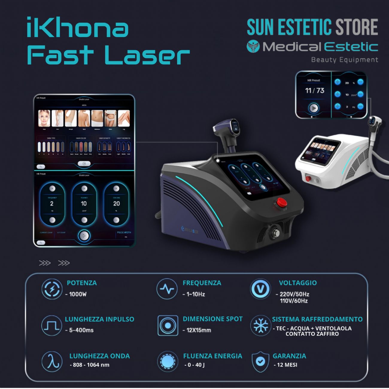 iKhona Fast Laser diodo 2 lunghezze d'onda 808 - 1064 nm - 1000W portatile estetica 40J