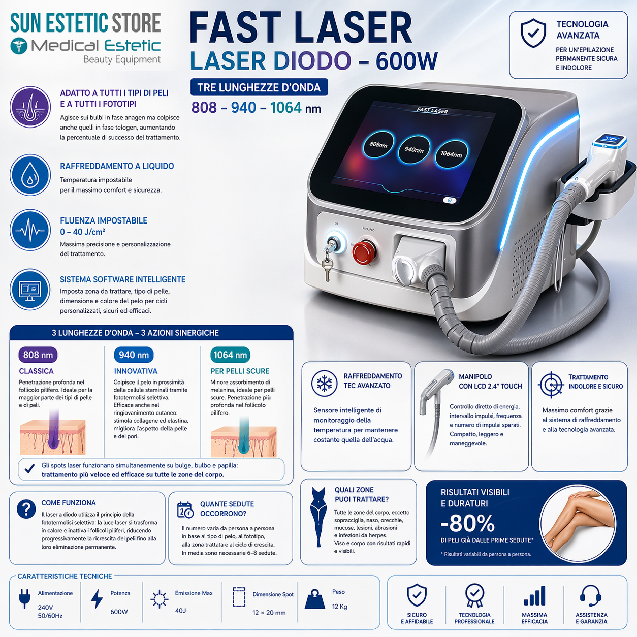 Fast Laser diodo 3 lunghezze d'onda 808 - 940 - 1064 nm