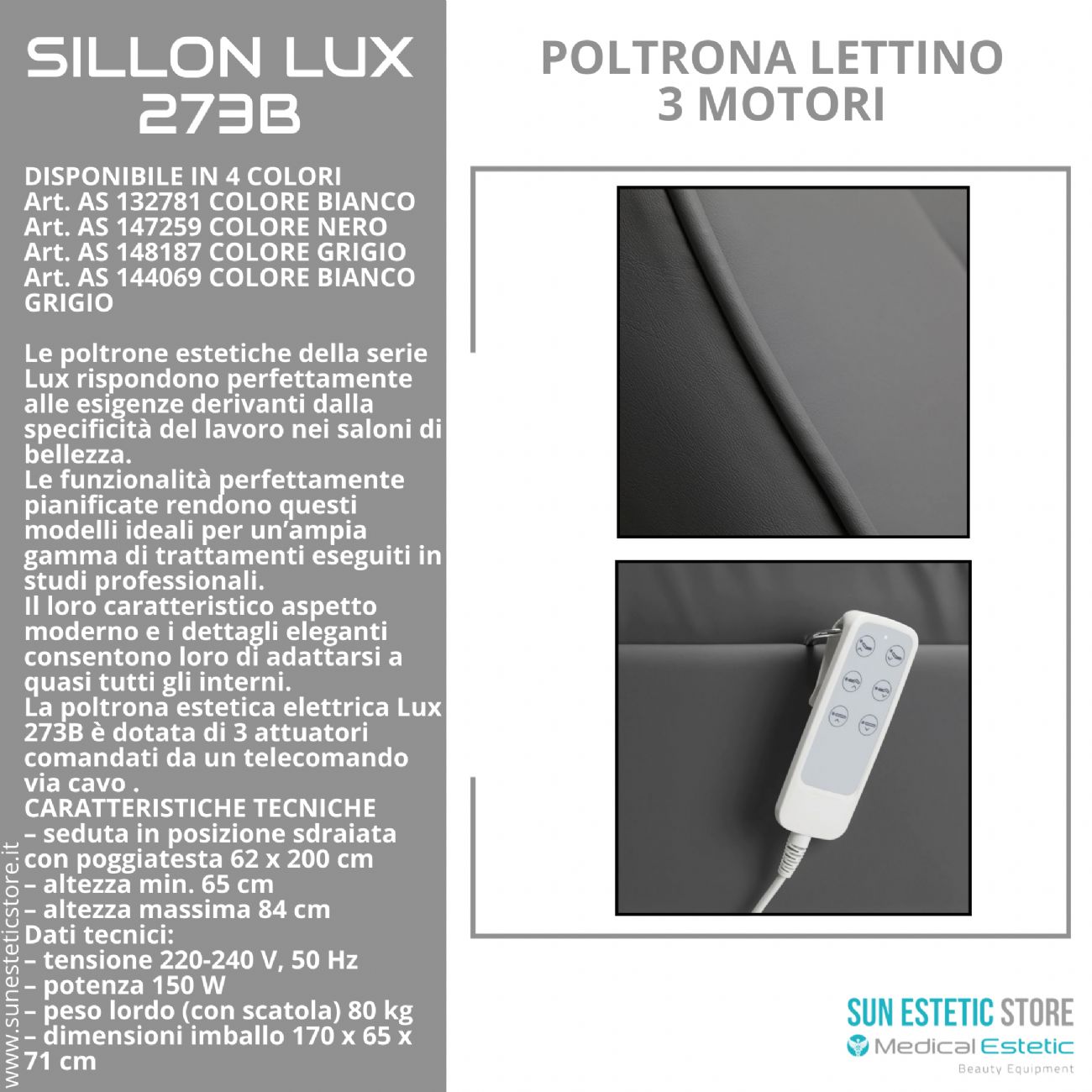 Sillon Lux 273B Poltrona lettino multifunzionale 3 segmenti 3 motori estetica